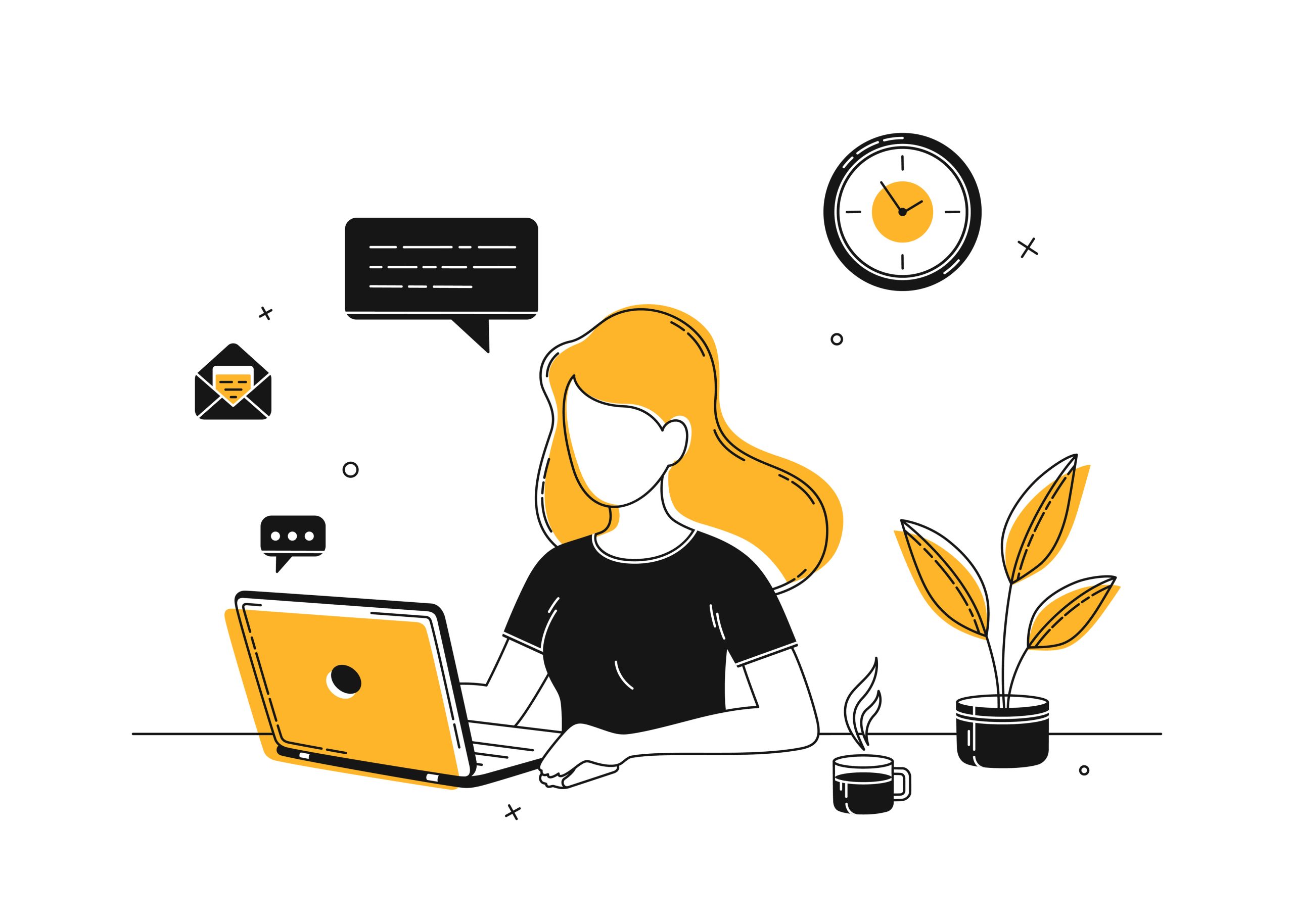 Illustration of a Young Woman Working on Laptop from Home. Home Office Concept, Online Communication. Manager. Girl, Freelancer, Student works from home and drinks hot coffee. Freelance. Woman freelance worker in the workplace. Flat cartoon vector illustration. Illustration for the site, web page, mobile application.